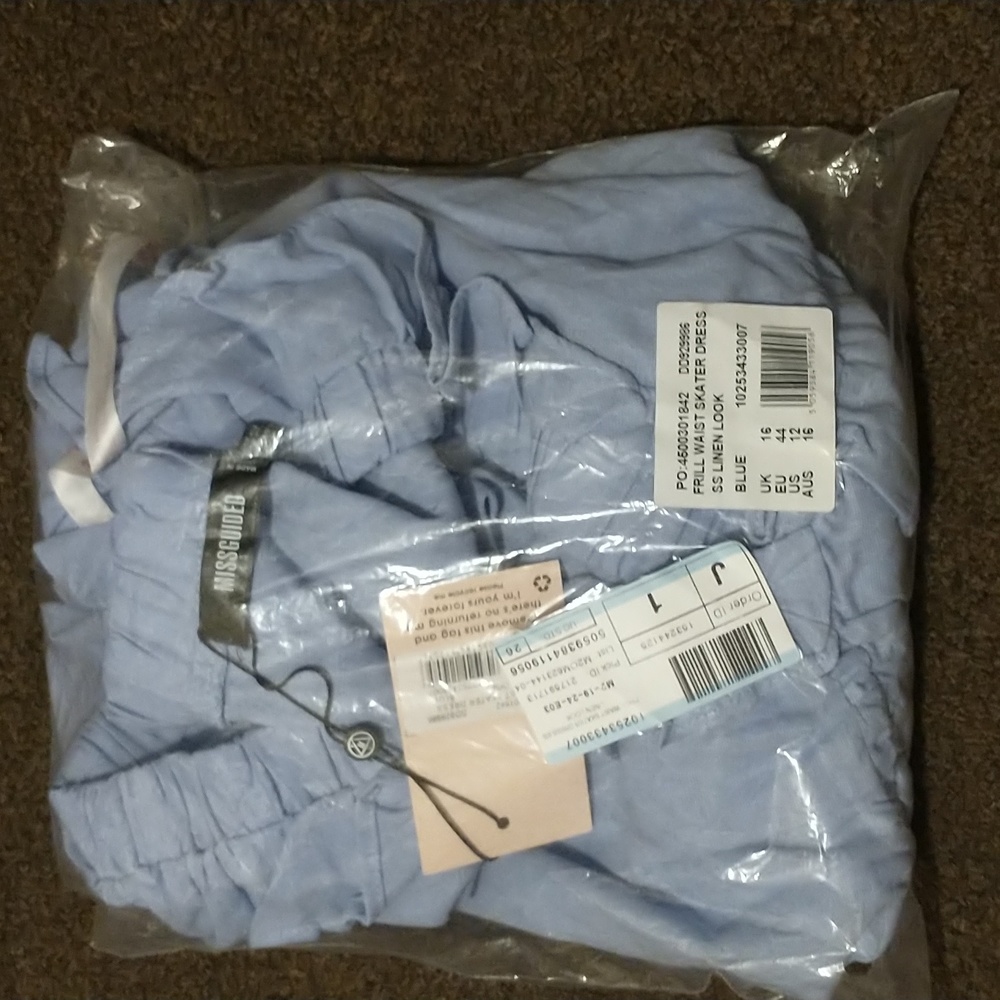 Missguided Poplin Frill Waist Skater Dress SS Linen Look Blue V-neck Puff Sleeve - Picture 9 of 10
